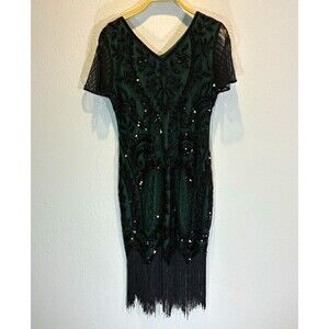 FUNDAISY Green/Black Solid Beaded Sequin Fringe Sheath V-Neck Dress M